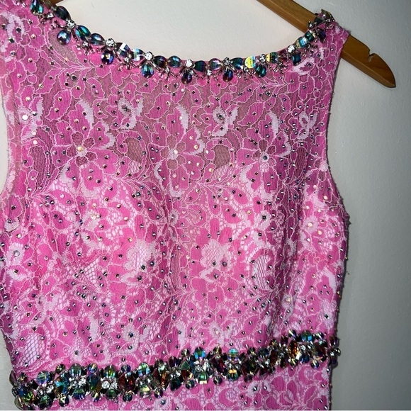 Vienna Prom Pink w/Crystals Vienna 1034 Size 0 Long Lace Prom Dress Pageant Gown - Picture 14 of 16